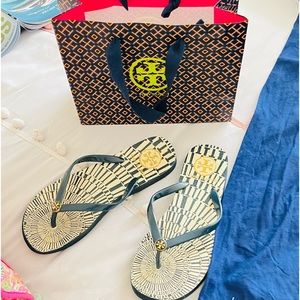Tory Burch Gold and Blue Sandals with Elegant Design